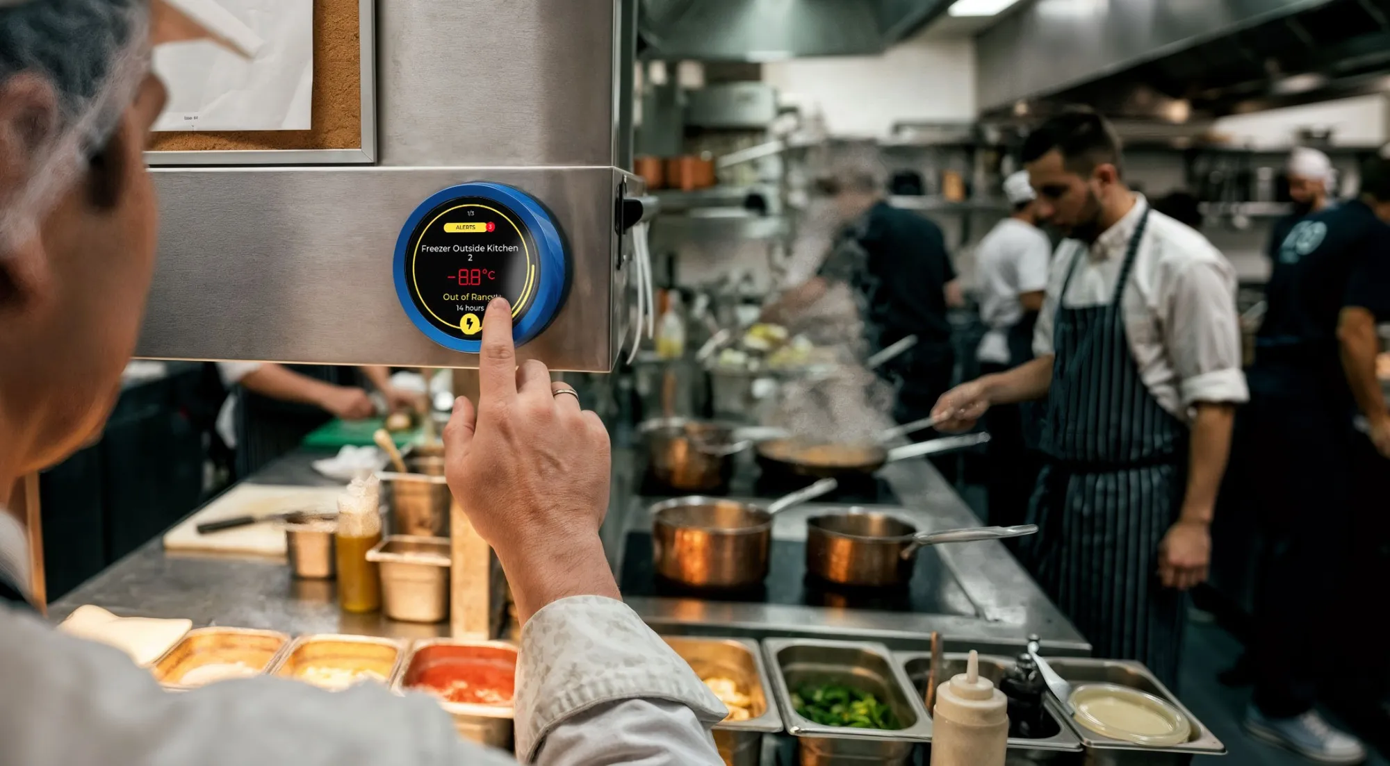 A chef checking an out-of-range freezer alert on the AIKA+ display mounted in a busy restaurant kitchen