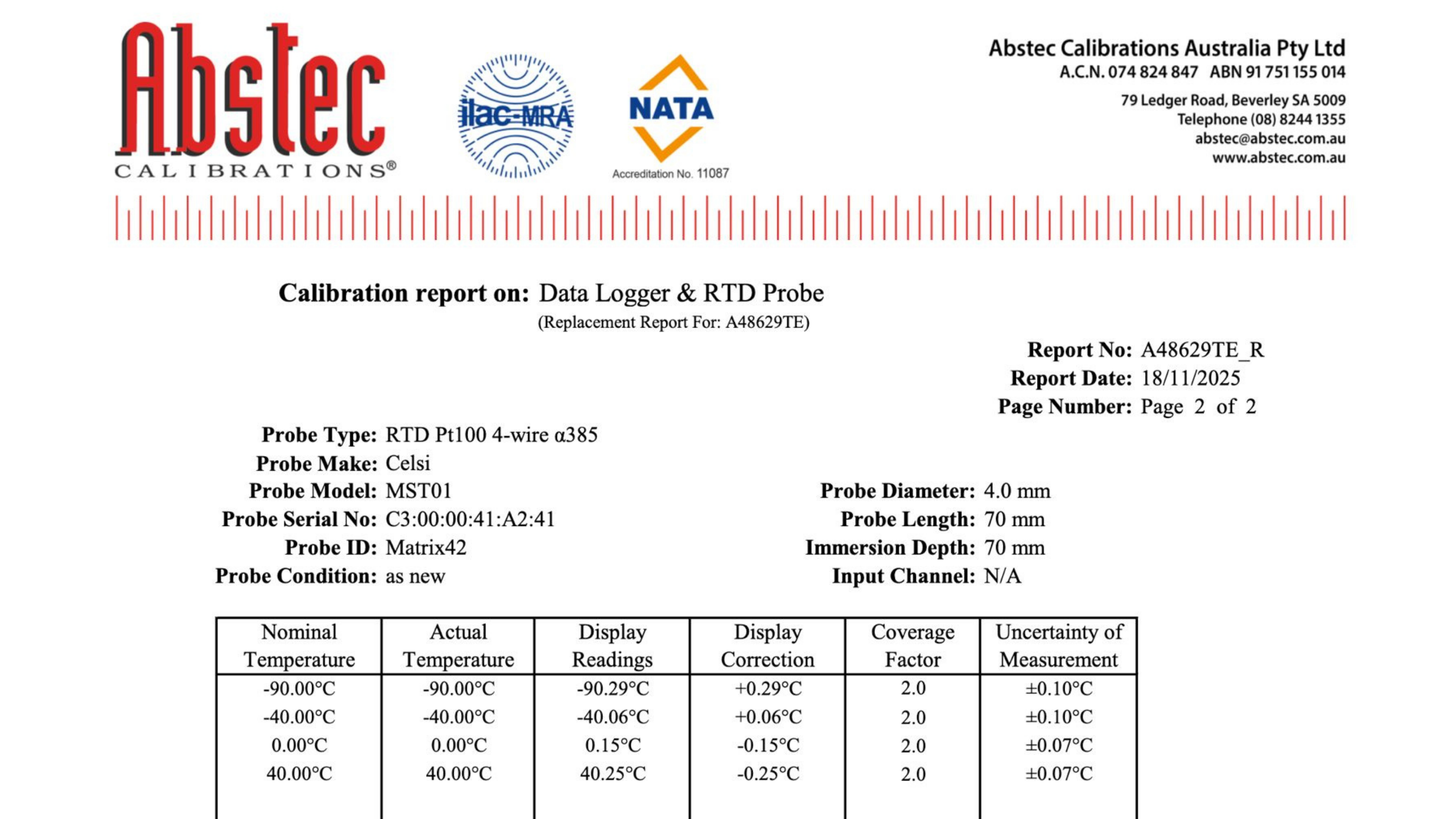 NATA-accredited calibration certificate for °Celsi MST01 RTD Pt100 probe