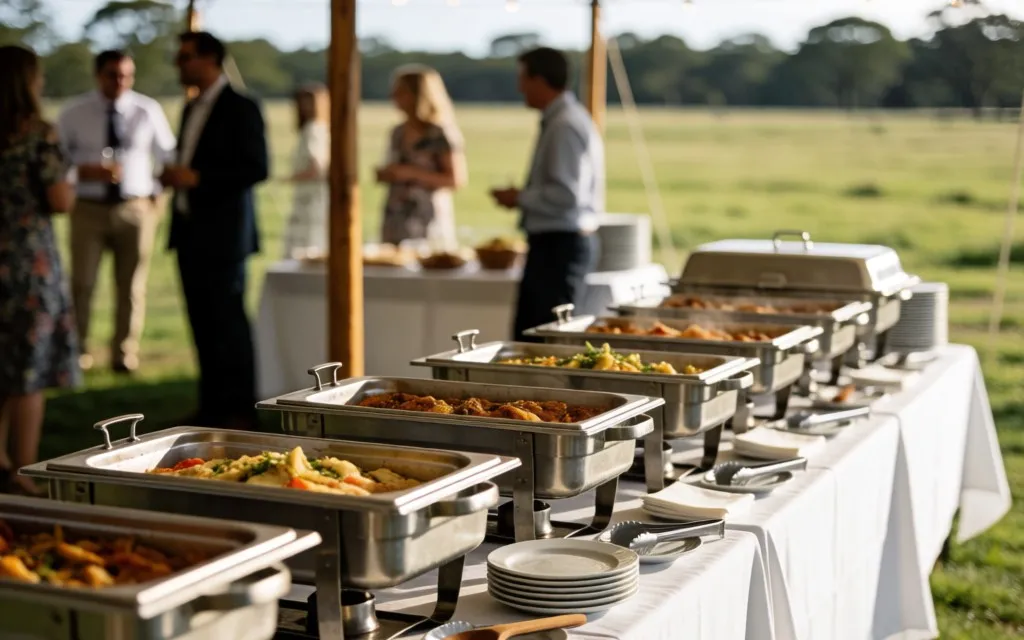 Catering buffet with chafing dishes of hot food under a marquee at an outdoor event
