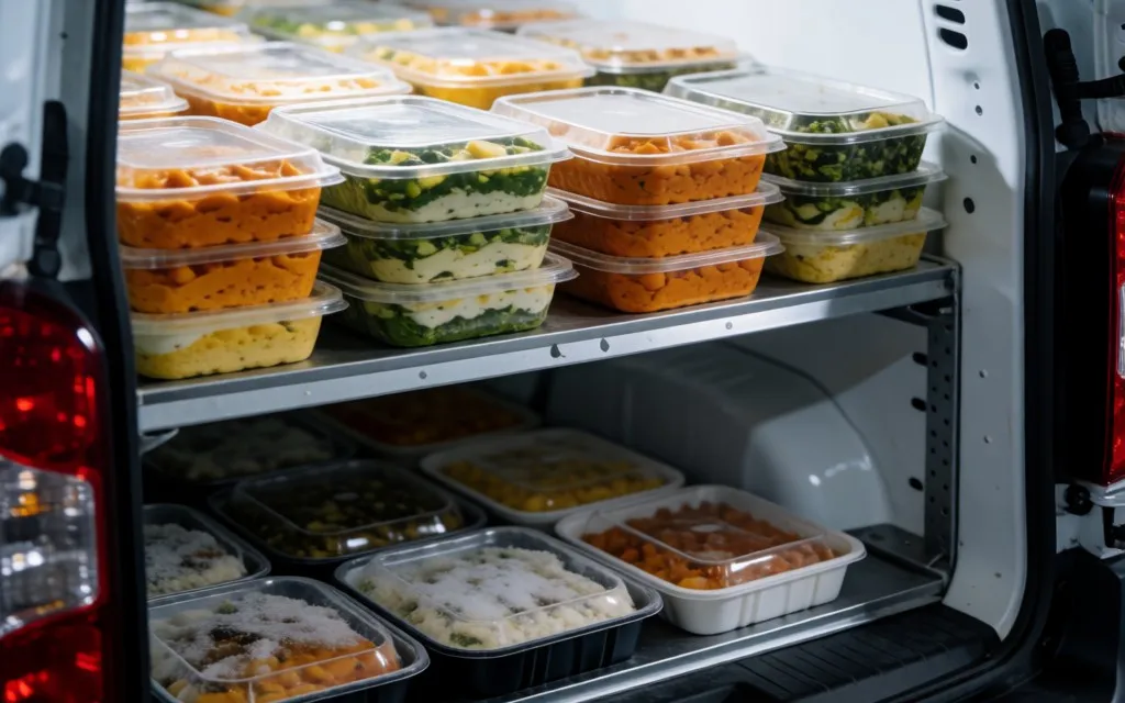 Chilled and frozen ready-made meals stacked on shelves inside a refrigerated delivery van