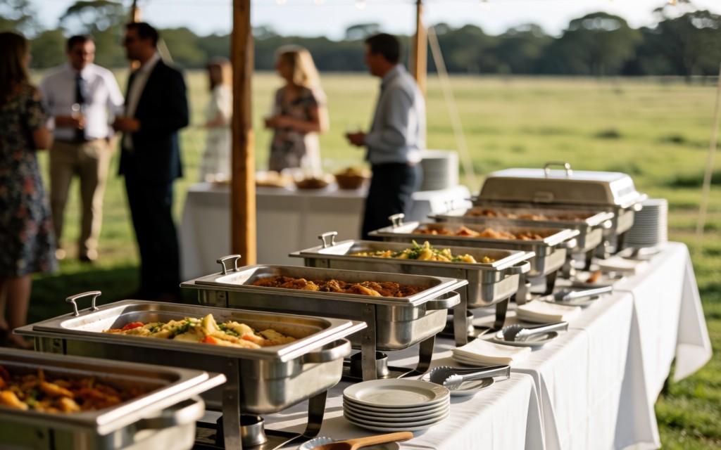 Catering buffet with chafing dishes of hot food under a marquee at an outdoor event