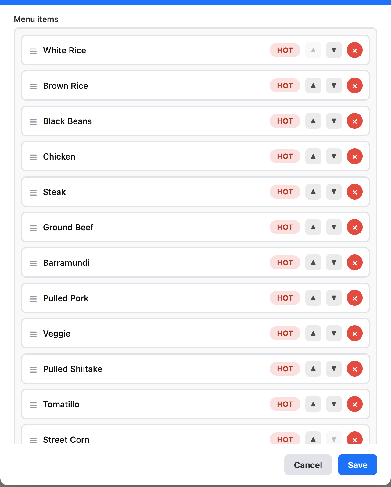 The event's menu items list, each dish tagged HOT and reorderable