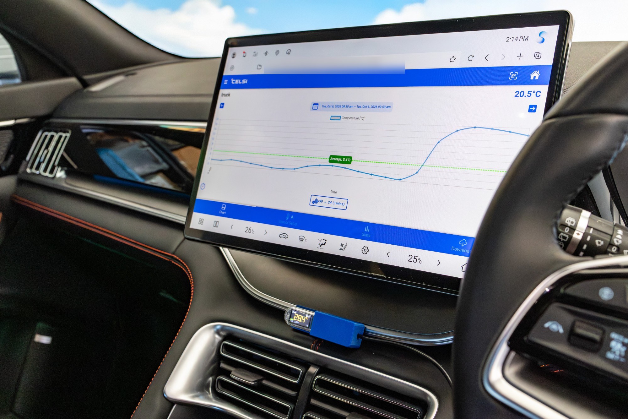 The °Celsi web app open on a vehicle's dashboard screen, showing a temperature chart for the truck sensor alongside the mini-hub mounted below