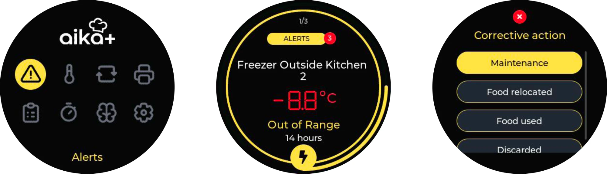 Three AIKA+ screens: the Alerts menu, a freezer reading -8.8°C out of range for 14 hours, and a corrective action list