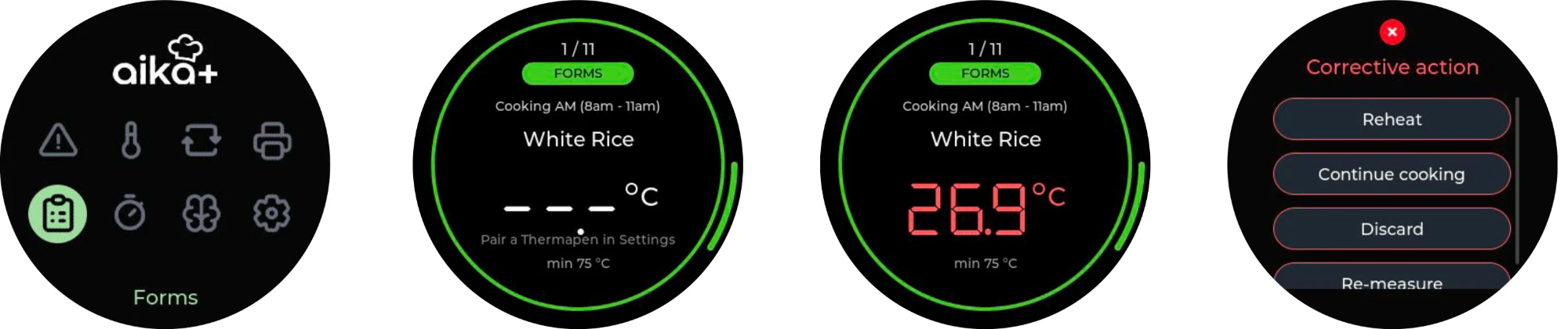 Four AIKA+ screens: the Forms menu, a cooking check awaiting a probe reading, a reading of 26.9°C below the 75°C minimum, and a corrective action list