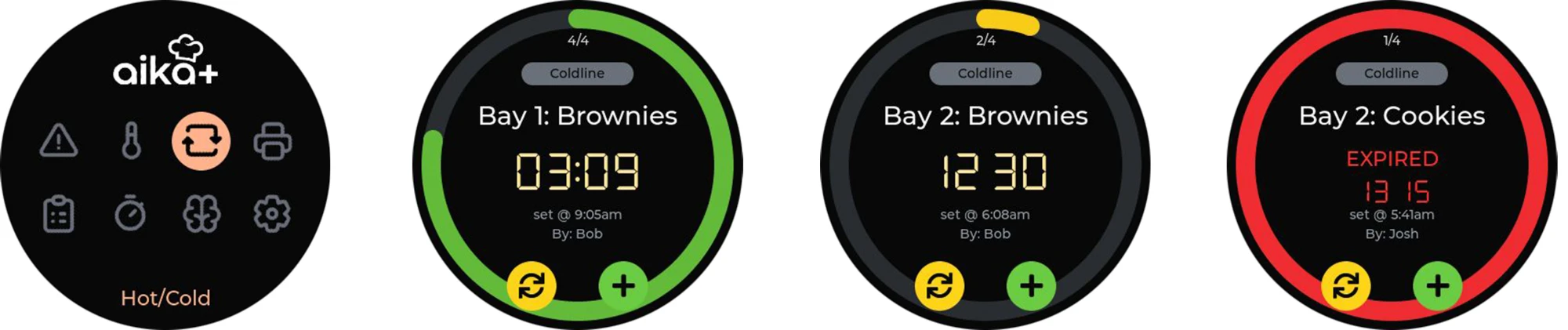 Four AIKA+ screens: the Hot/Cold menu and three coldline bays showing swap countdown timers, one of them expired
