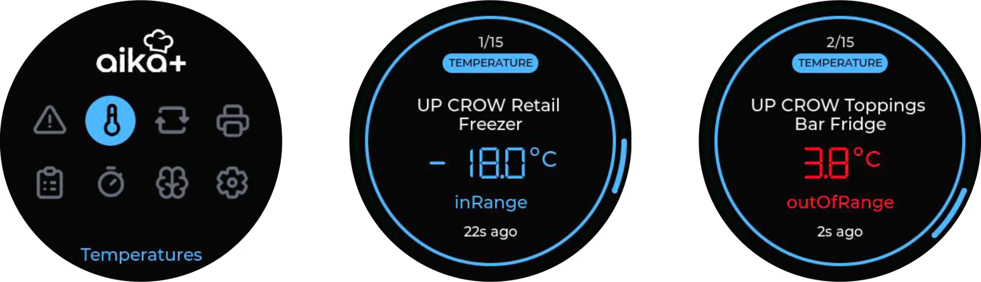 Three AIKA+ screens: the Temperatures menu, a retail freezer at -18.0°C in range, and a bar fridge at 3.8°C out of range